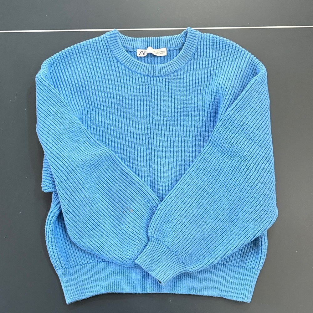 Zara Woman’s Bright Blue Ribbed Crewneck Sweater